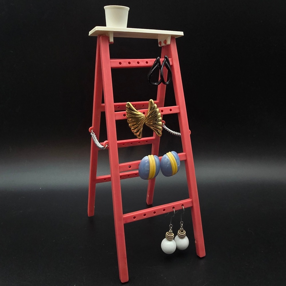 Vintage Red White Ladder Earring Rack Tree with Paint Bucket Plastic 1980s